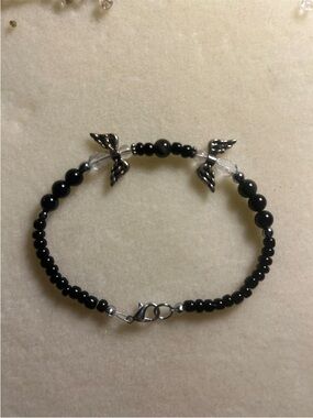 Black obsidian, onyx and hematite Beaded Angel Wing Bracelet - Women's Jewelry